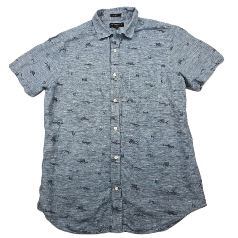 Banana Republic Slim Fit Linen Shirt Mens Large Blue Shark Marlin Short Sleeve